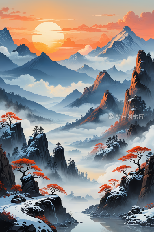 有河流和树木山地景观高清插画图片