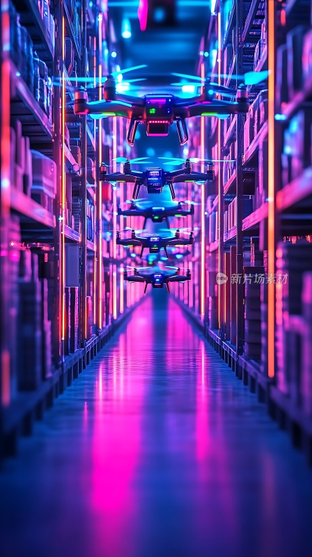 未来仓库里的无人机搬运货物