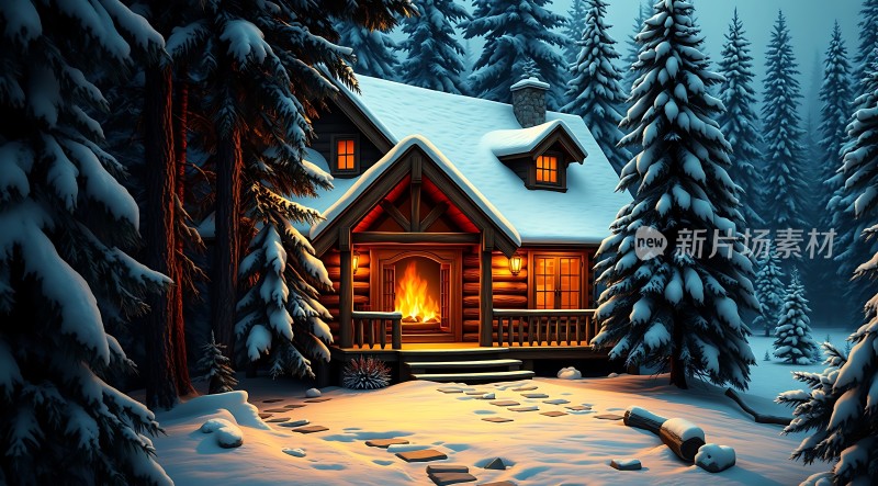 雪夜小木屋温馨宁静