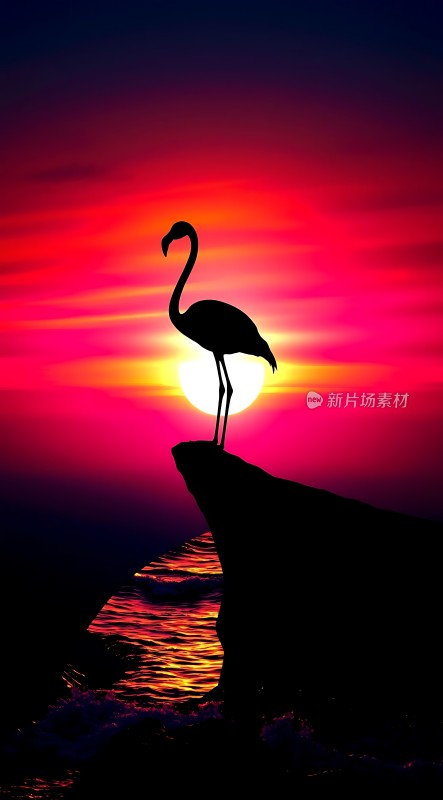日落下的火烈鸟剪影