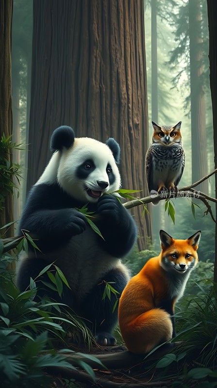 熊猫、狐狸与猫头鹰共度森林时光