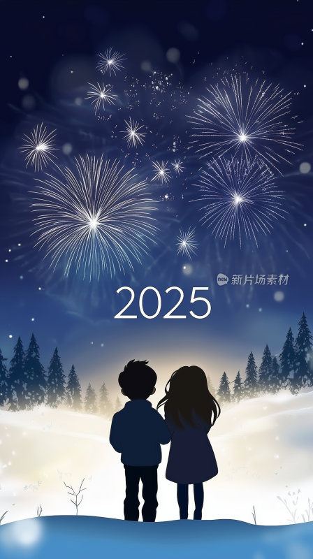 2025新年的烟花下一对情侣的背影剪影