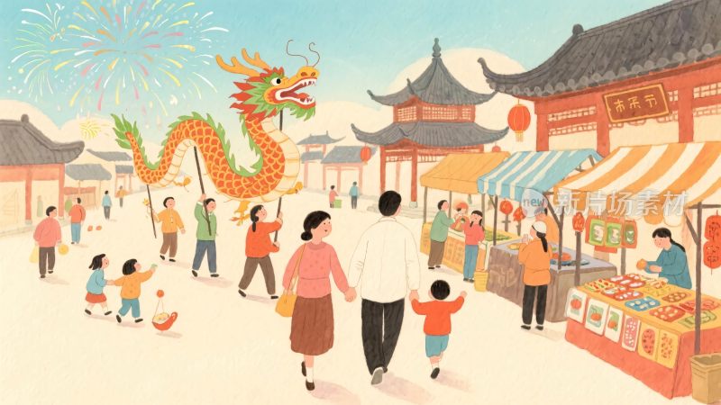 热闹古街的舞龙节庆场景
