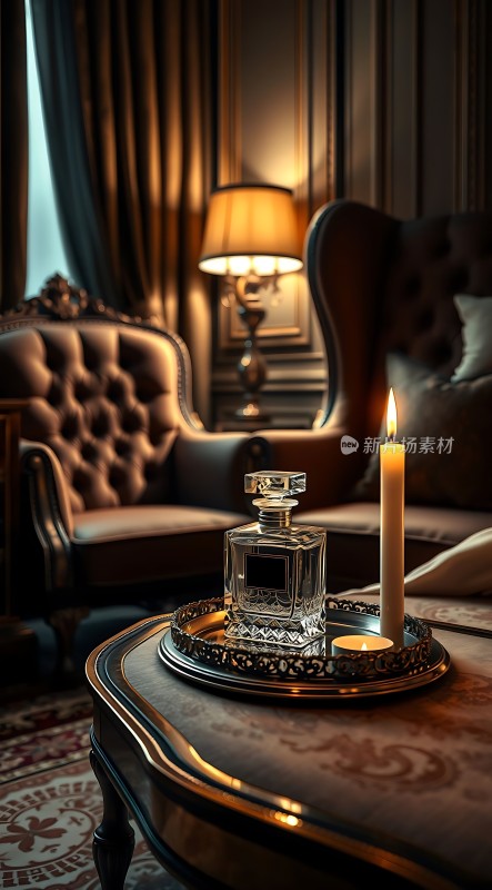 古董香水瓶与蜡烛的优雅静物画