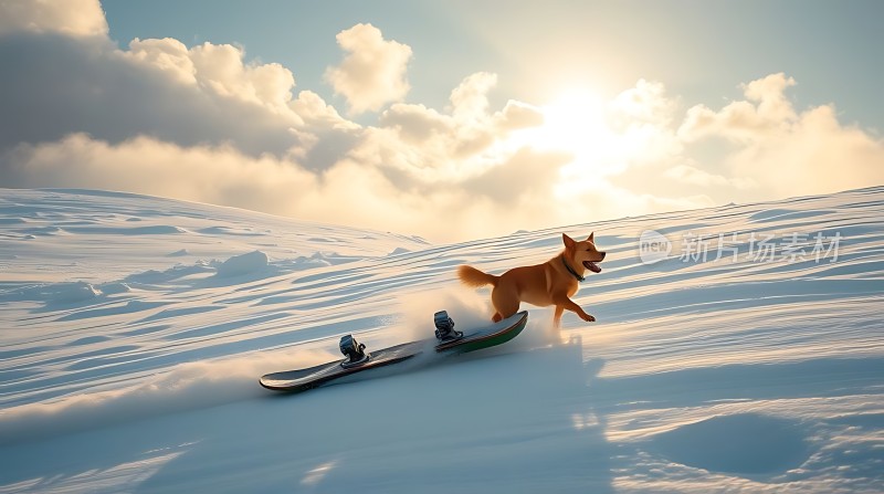 雪地上的狗狗与滑雪板