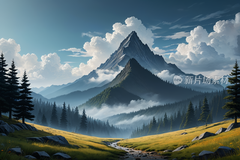 一座高山清风景插画图片