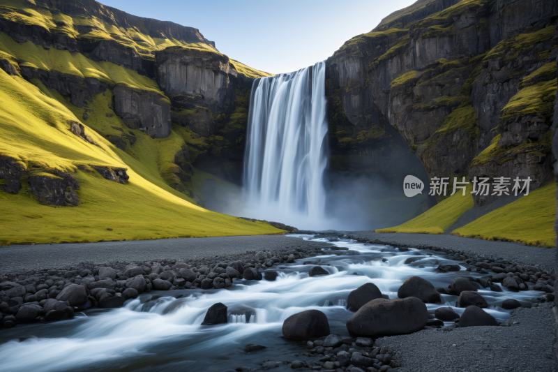 瀑布位于山中央有岩石和水风光风景图片