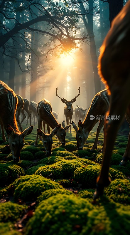 晨光下的鹿群在森林中觅食