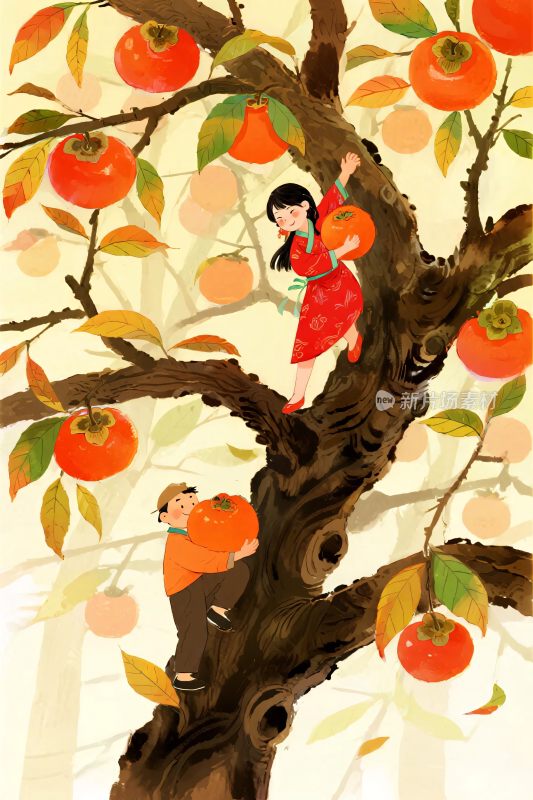苹果树童趣插画