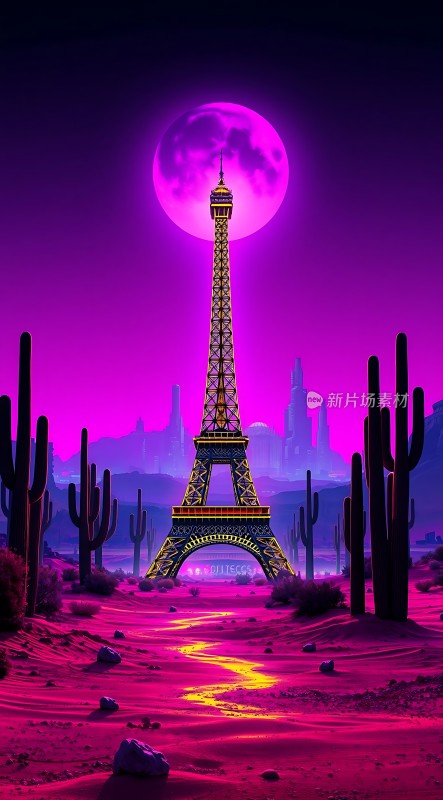 紫色月光下的埃菲尔铁塔与仙人掌沙漠景观