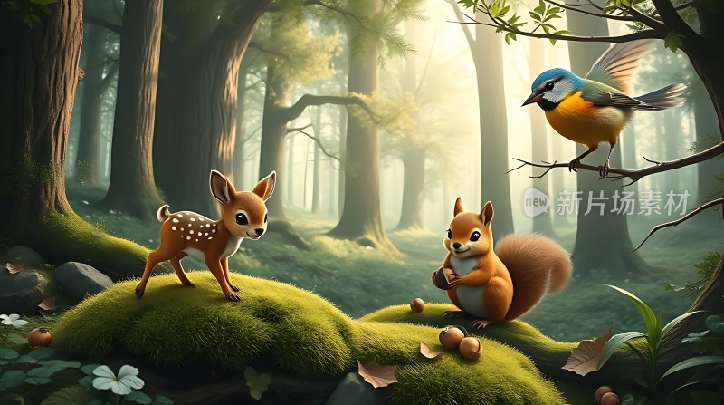 森林晨光下的和谐共处