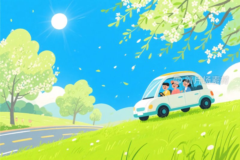 一家人驾车出游的春日场景