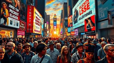 繁华都市街头人群熙攘霓虹闪烁