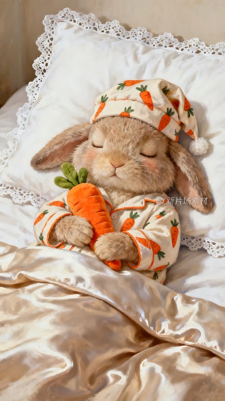 睡眼朦胧的小兔子抱着胡萝卜