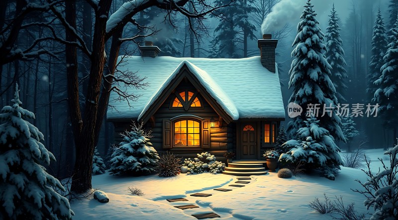 雪夜小木屋温馨宁静