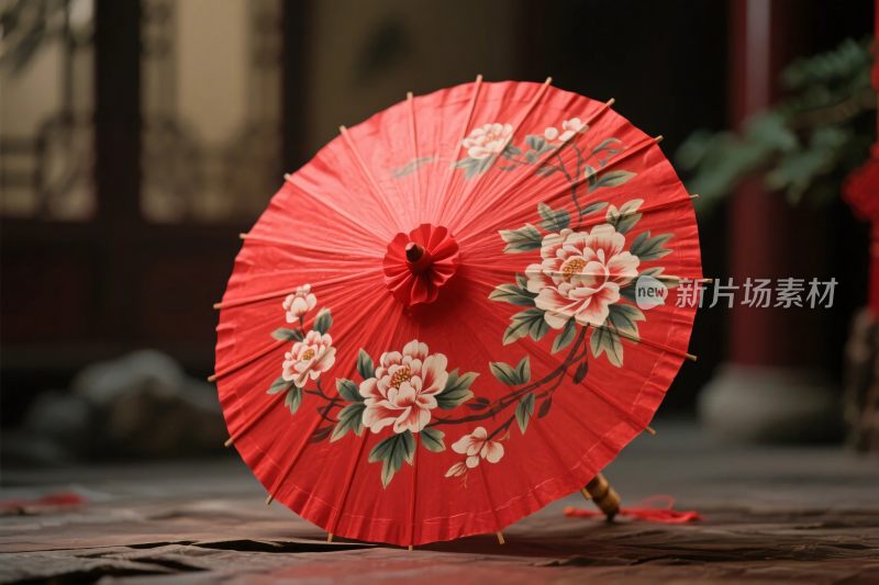 红色花卉图案传统油纸伞