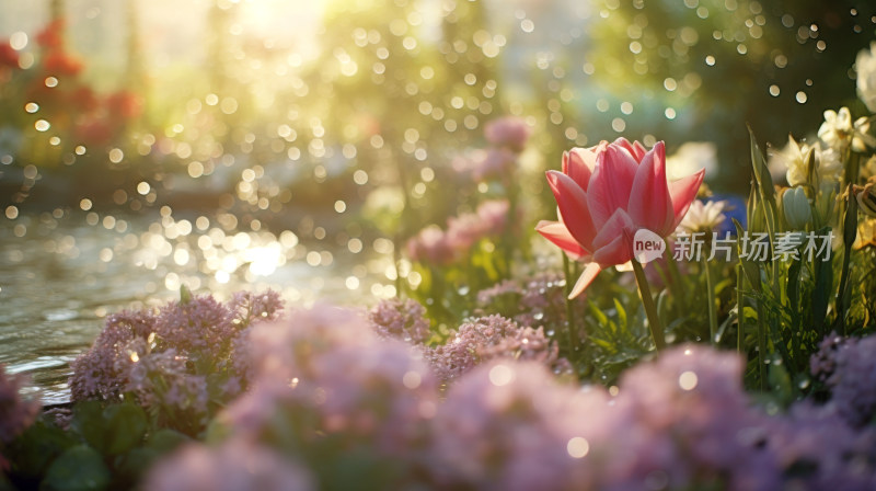 春天春日晨曦中的郁金香小雏菊鲜花