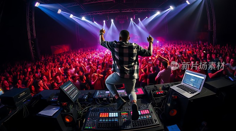 舞台灯光下的DJ与热情观众互动