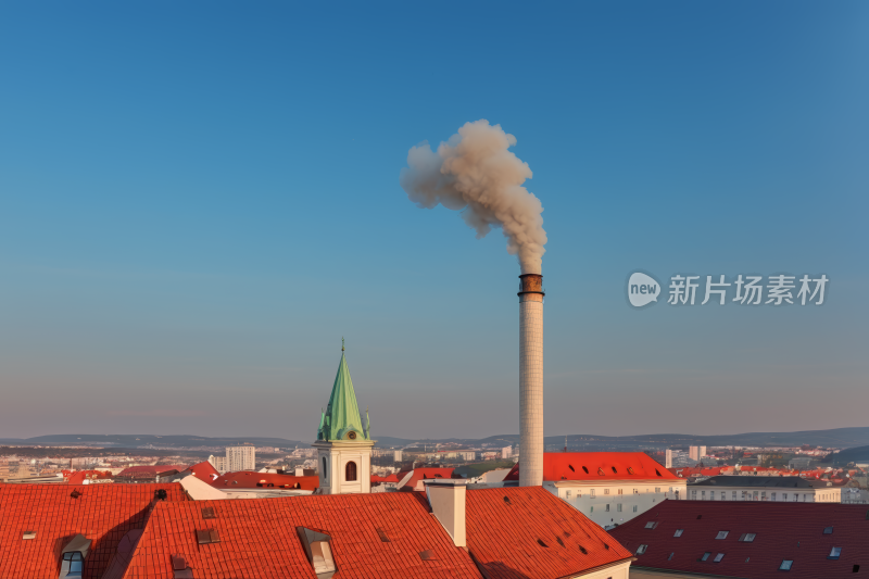 一座红色屋顶建筑物的烟囱冒出滚滚浓烟背景