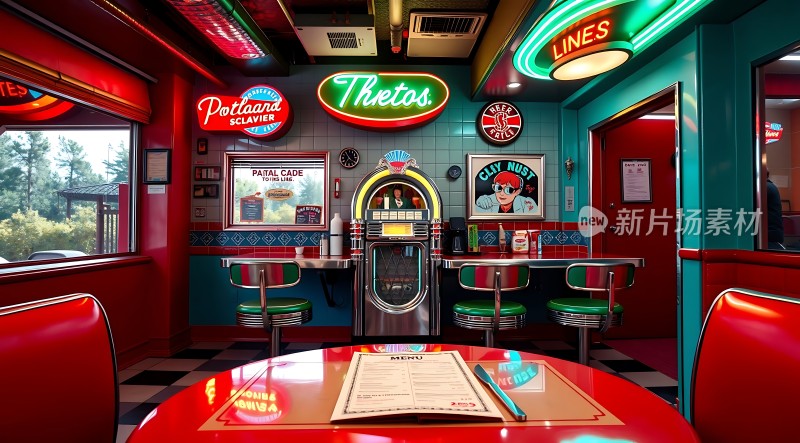 复古餐厅霓虹灯牌与红色座椅