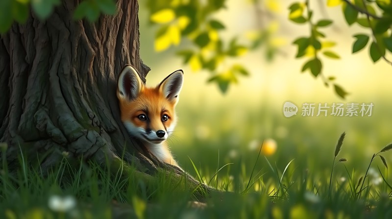 阳光下的树荫下一只狐狸探出头