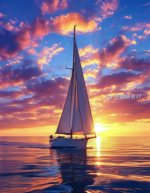 帆船日落映海面