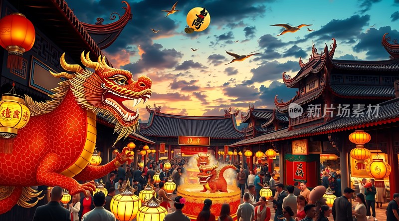春节庙会龙舞欢腾灯笼高挂人潮涌动热闹非凡