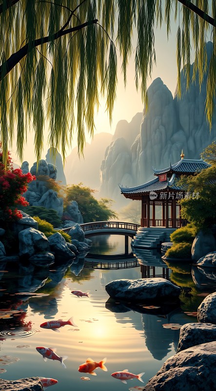 湖光山色映水阁金鲤戏波柳垂岸