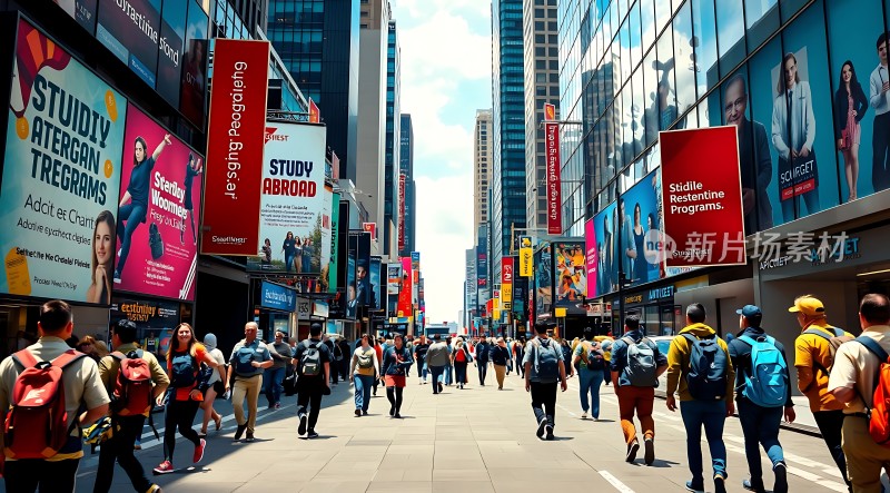 繁华都市街头人群熙攘广告牌林立