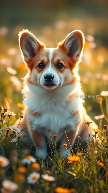 阳光下的柯基犬与野花