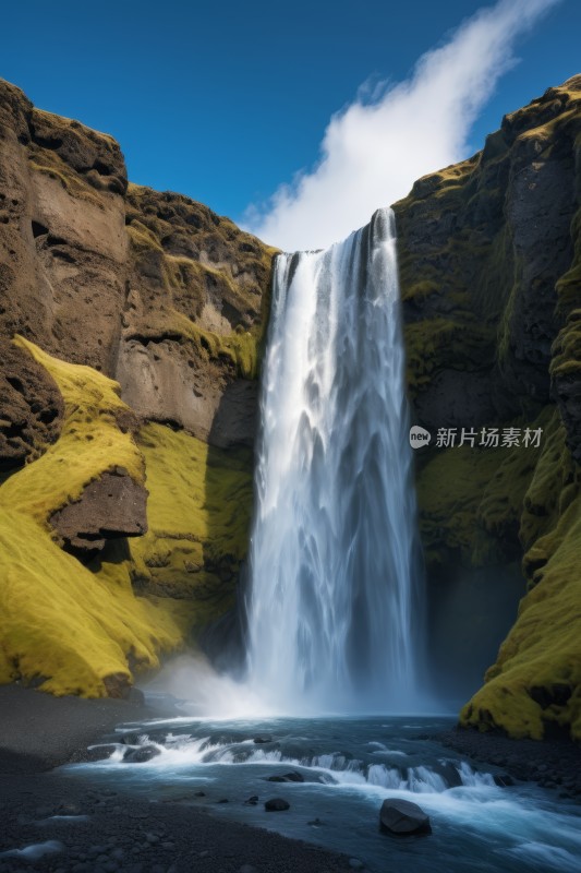 瀑布位于蓝天岩石区中央高清风景图片