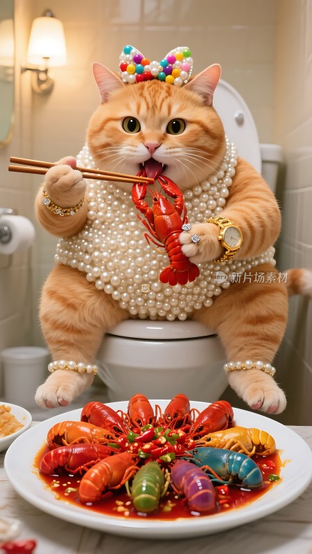 橘猫戴珍珠项链吃龙虾