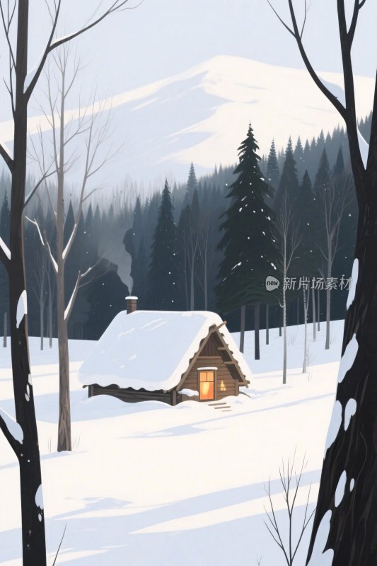冬日木屋雪景插画