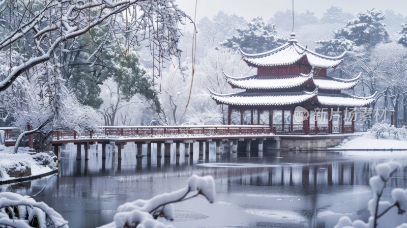 冬天中国塔楼亭台楼阁下雪古风雪景