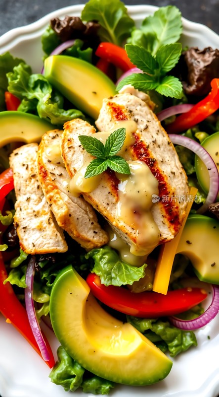 香嫩鸡肉沙拉清新蔬菜搭配美味酱汁