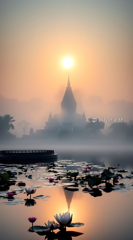 晨雾中的莲花湖畔古寺