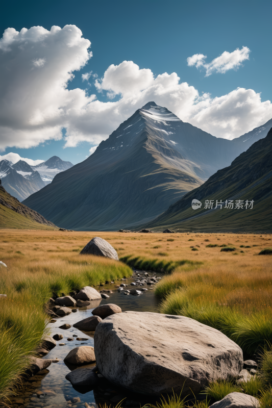 一条溪流穿过草谷高清风景摄影图片