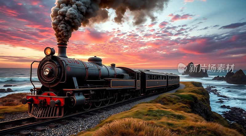 蒸汽火车驶向日落海洋