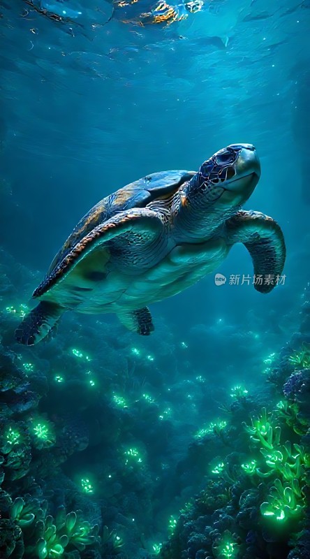 深海绿光下的优雅海龟