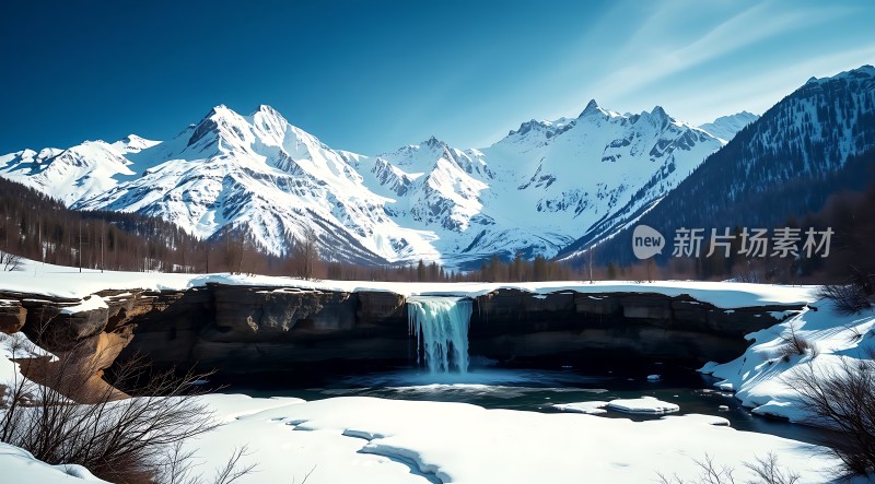 雪域瀑布雪山环绕冰封美景