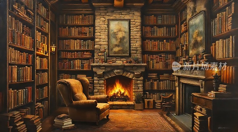 古色古香书房壁炉旁的书架与椅子