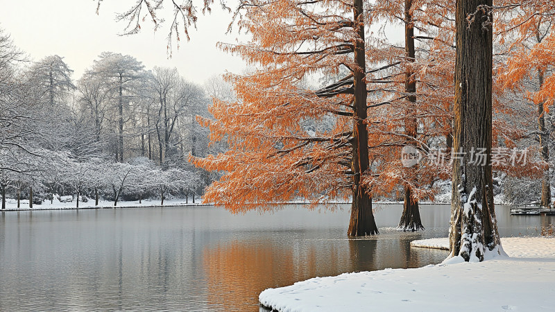 寒冷的冬季湖水里的水杉冬景