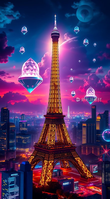 巴黎铁塔与未来城市夜景