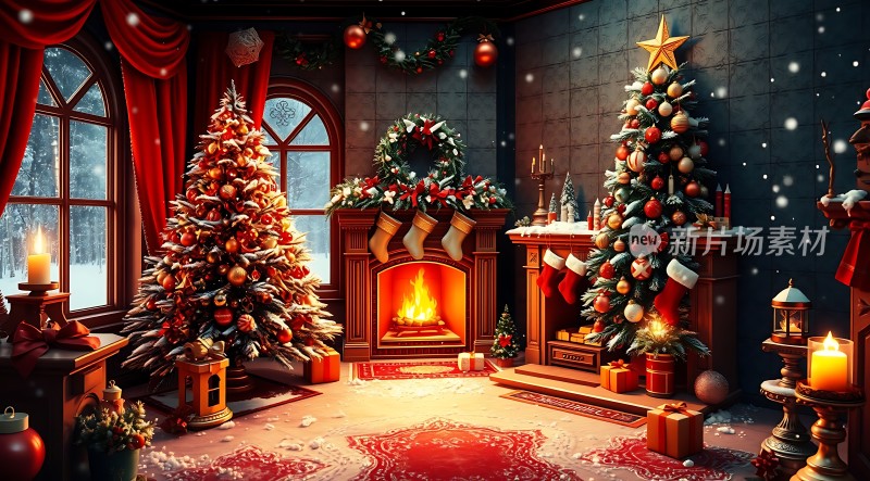 圣诞树与壁炉的温馨夜晚