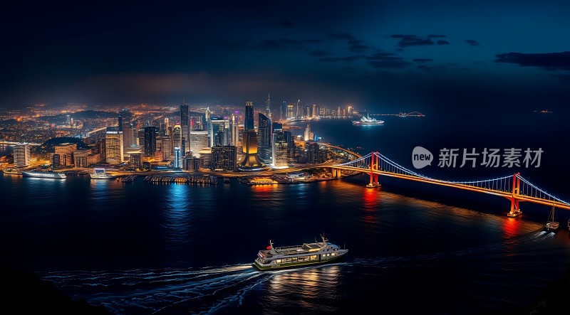 上海夜景黄浦江畔繁华都市跨江大桥灯火辉煌