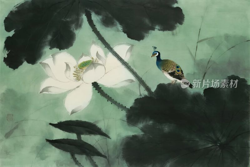 荷花小鸟水墨画