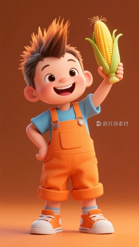 手持玉米的卡通小男孩