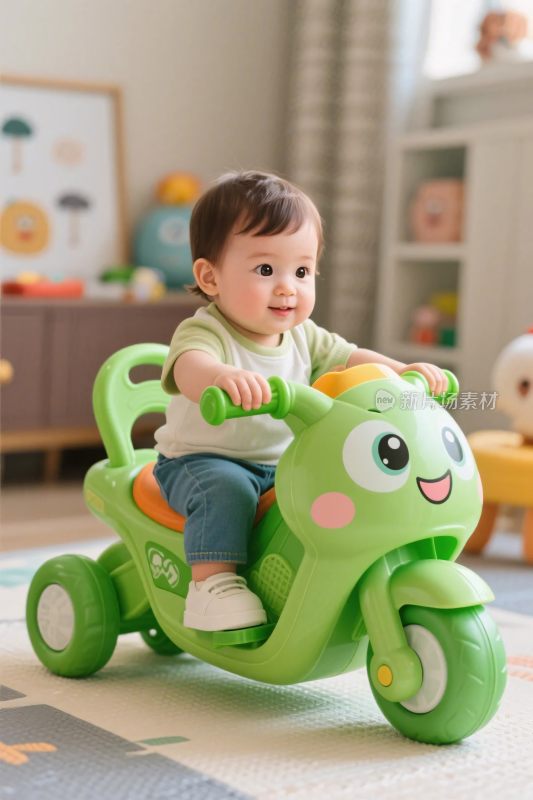小孩骑绿色玩具车