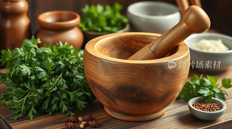 木制研钵与新鲜香草
