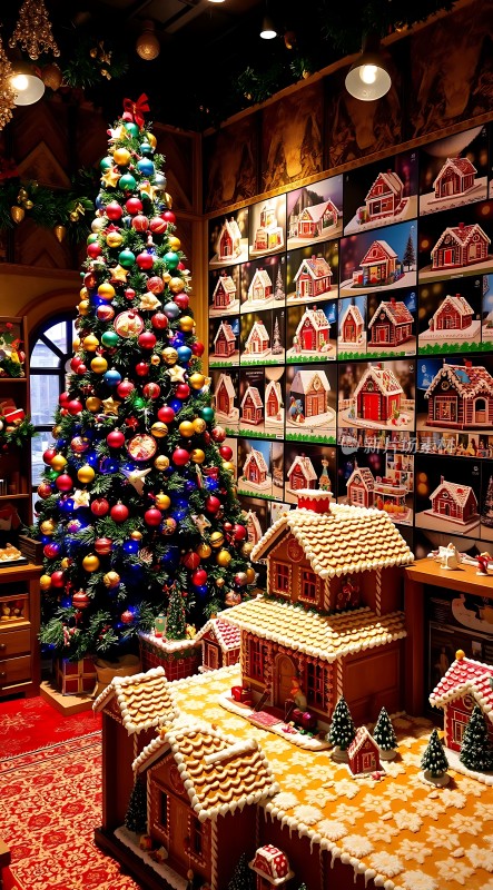 圣诞树与姜饼屋的温馨节日场景